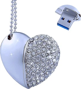 128GB USB 3.0 Flash Drive Diamond Heart with Necklace 3.0, Silver  - Afbeelding 1 van 7