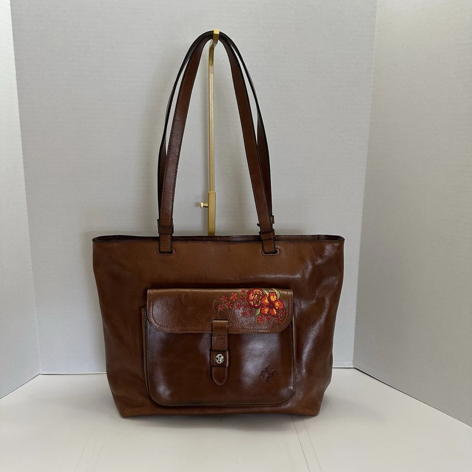 Patricia Nash Madison Leather Tote Shoulder Bag Purse Cognac Embroidered Floral - Image 1 of 4