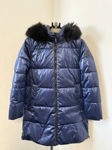 DKNY Damen Long Puffer Mantel Kapuze Kunstfell Blau Gr. M (UK 12-14) - Bild 1 von 6