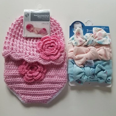 Juego de funda de pañal y sombrero de ganchillo rosa y paquete de 3 diademas multicolor nuevo con etiquetas - Imagen 1 de 4