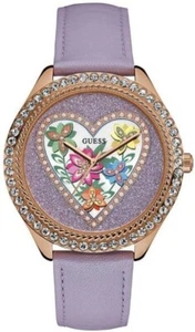 Guess Heart and Flower Design Dial Purple Strap Women's gold tone watch W0908L1 - Picture 1 of 6