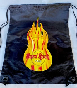 Vintage Hard Rock Cafe Flaming Guitar Nylon Black Drawstring Bag Backpack Sack - Picture 1 of 8