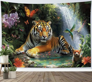 Butterfly Wild Animal Tiger Green Forest Tapestry for Bedroom Living Room Dorm - Picture 1 of 15