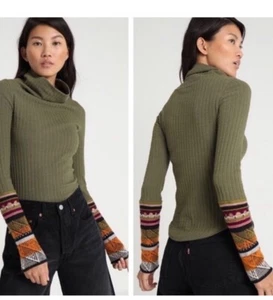 Free People Mixed up Cuff Thermal Top Womens Size Large Army Green Knit Sleeves - Picture 1 of 5