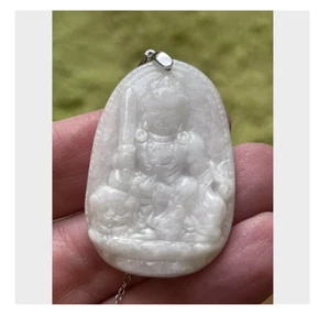Buddha Carved White Jadeite Jade Pendant with Chain in Rhodium Sterling Silver - Picture 1 of 7