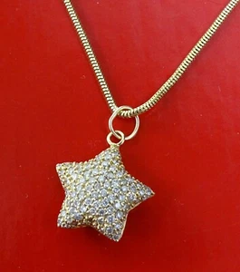 Pave Diamond Puffed Star Necklace, 16" Snake Chain, 14k Yellow Gold, Italy - Picture 1 of 11