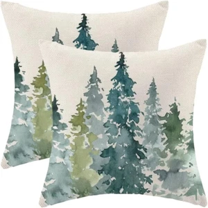 Dark Green Tree Pillow Covers Set - Nature Themed Rustic Christmas Decor - Picture 1 of 6