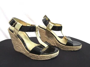 Isola Black & Gold Patent Leather Ankle Strap Espadrille Wedge Heel Sandals Sz 8 - Picture 1 of 12