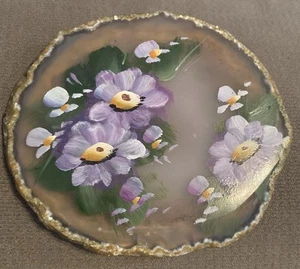 Purple Flowers Hand Painted on Brown Agate Geode Slab Unsigned - Picture 1 of 5