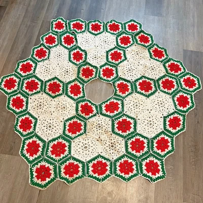 "Falda de árbol de Navidad vintage de ganchillo de flor de pascua abuela cuadrados hecha a mano enorme 63""" Foto 1 de 4