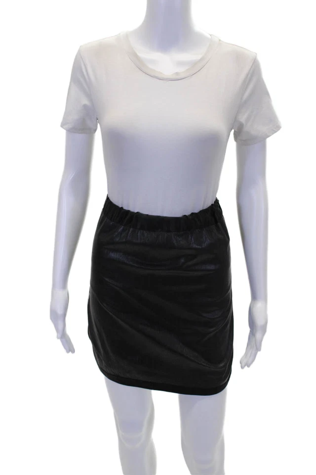 Falda lápiz negra pequeña Cynthia Rowley para mujer cintura elástica cuero seda Foto 1 de 4