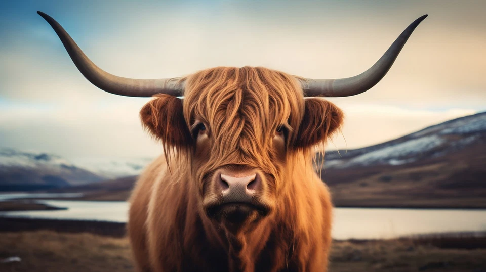Wandbild: Schottische Hochlandkuh weidet auf einem üppigen grünen Feld. [...] - Bild 1 von 1