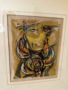 RARE SEONG MOY “Pi Pa Player ”COLOR WOODCUT ABSTRACT EXPRESSIONIST 1954 SIGNED - Picture 1 of 7