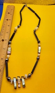 Statement Necklace.  Abalone/Resin Beads Shell Slice Pendant Silvertone Insets - Picture 1 of 7