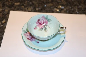 RARE PARAGON CUP & SAUCER WIDE MOUTH DOUBLE WARRANT ROBINS EGG BLUE CABBAGE ROSE - Picture 1 of 3