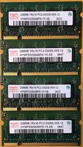 Hynix 256 MB 1Rx16 PC2-5300S-555-12 SO-DIMM, HYMP532S64BP6-Y5 AB (Lot of 4) - Picture 1 of 2