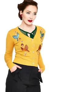 Voodoo Vixen Retro Vintage inspired Mustard Woodland Embroidery Cardigan - Picture 1 of 7