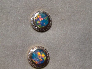 Pendientes de ópalo y diamantes, oro amarillo sólido de 14k, tachuela redonda de ópalo - Imagen 1 de 10