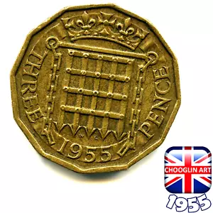 Eine britische 1955 Elizabeth II Threepence 3d Münze, 70 Jahre alt! - Bild 1 von 2