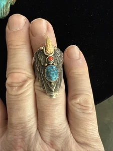 Ray Winner Eagle Ring Size 10 Morenci Turquoise Coral Sterling Silver - Picture 1 of 4