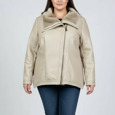 GILI Jacket Womens 20W Beige Faux Leather Faux Fur Lined Asymmetrical Zip Coat - Image 1 of 4