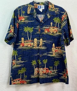 Vtg RJC Hawaiian Shirt Men’s L Blue Woody Cars Palm Trees Tikis Made In USA - Picture 1 of 6