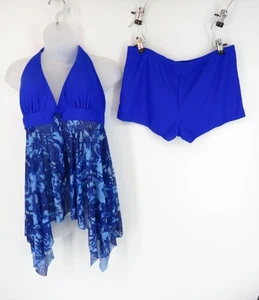 Womens Blue Halter Tankini Swimsuit Set Shorts Sheer Handkerchief Hem 2XL NWOT - Picture 1 of 2