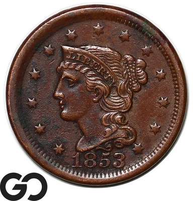 1853 Large Cent, Braided Hair, Sharp Choice AU++ Early Copper - Image 1 of 3