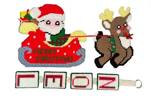 Vintage Handmade Plastic Canvas Yarn Art Santa Reindeer Christmas Decor - Picture 1 of 8