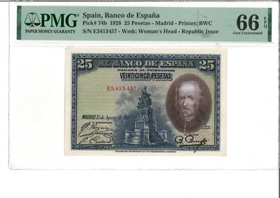 @@@@@ Spain 25 pesetas 1928 Pick 74b PMG 67 EPQ UNC @@@@@ - Image 1 of 2