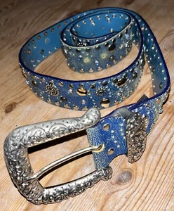 Ceinture en cuir cloutée fleurie créateur Nanni, bleu, grande - Made In Italy - Photo 1/7