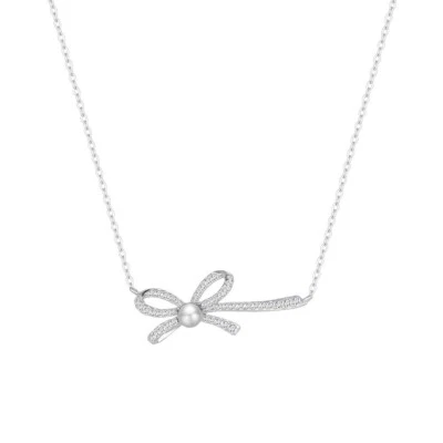 collana donna argento rodiato zirconi bianchi fiocco e perla bianca  4you - Immagine 1 di 3