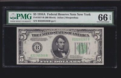 US 1934A $5 FRN New York FR 1957-B PMG 66 EPQ GEM CU (265) - Image 1 of 2