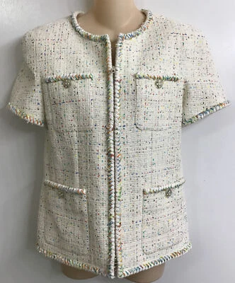 Chaqueta Chanel Crudo Amarillo Azul Y Rosa Manga Corta Tweed Sin Cuello Nueva con Etiquetas 38/6 Foto 1 de 4