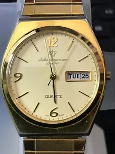 OROLOGIO UOMO JULES JURGENSEN 34mm GIORNO/DATA 4655 Quarzo Dorato, Funzionante (Lotto2450) - Foto 1 di 12