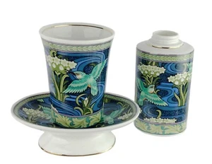 Vintage Takahashi Japan Porcelain Vanity Set Blue Green Birds Flowers - Picture 1 of 12