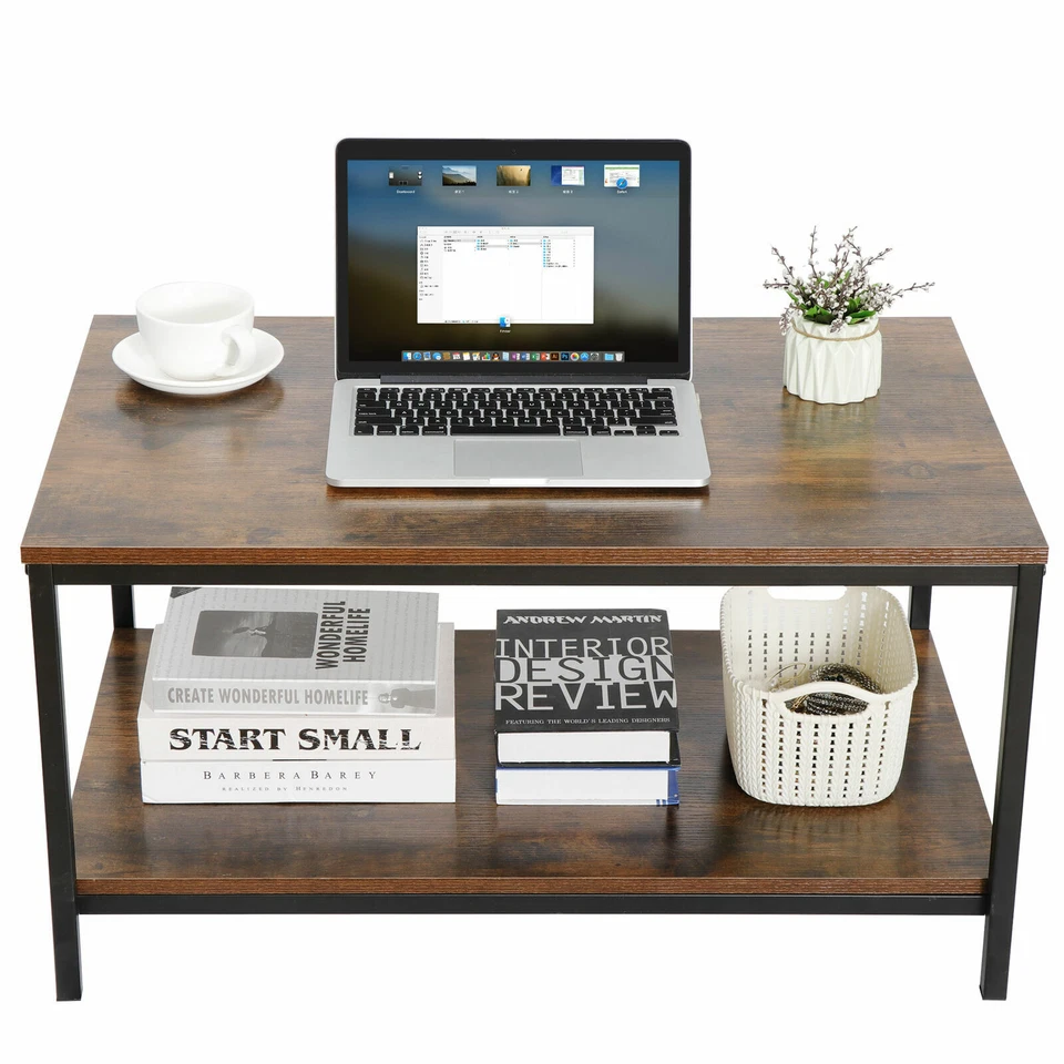 Mesa de centro retro de 2 niveles estante de almacenamiento rectangular 132 lb para sala de estar juego de té Foto 1 de 4