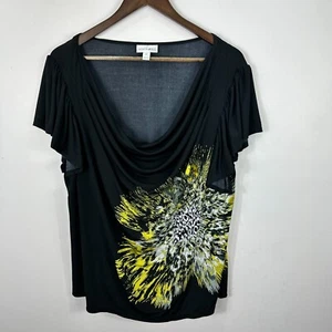 Fashion Bug Top 1X Black Yellow Cowl Neck Y2K Glam Boho Abstract Print Blouse - Picture 1 of 7