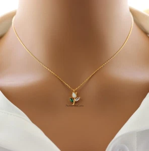 18K Gold Plated Dainty Small Opal Mixed Gem Tulip Crystal Leaf Pendant Necklace - Picture 1 of 5
