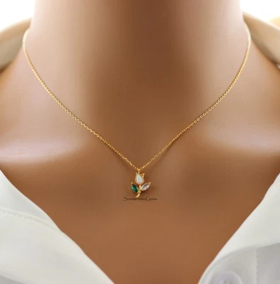 18K Gold Plated Dainty Small Opal Mixed Gem Tulip Crystal Leaf Pendant Necklace - Image 1 of 2