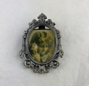 Vintage Miniature Silver Tone Picture Frame Brooch Pin Oval Scroll Pin Back - Picture 1 of 5