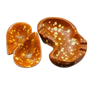 Juego de 2 ceniceros de esmalte con salpicaduras de goteo abstractas de cerámica artística de colección naranja - Imagen 1 de 9