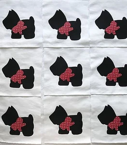 Quilt Top Blocks Black Scottie Dog Cotton Fabric Applique Red Bow 6 inches 9 - Picture 1 of 2