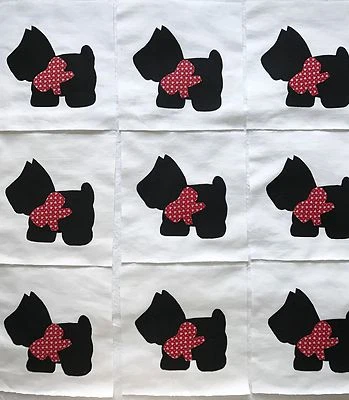 Quilt Top Blocks Black Scottie Dog Cotton Fabric Applique Red Bow 6 inches 9 - Image 1 of 2