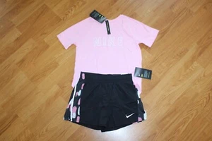 NWT GIRLS NIKE SZ M 10-12 BLACK SHORTS, PINK SHIRT - Picture 1 of 5