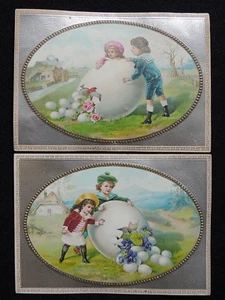 Série de 2 Chromos grand format enfant aux oeufs fond argenté XIXeme gaufré  - Picture 1 of 2