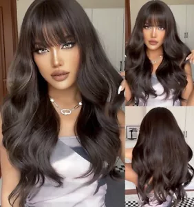 Synthetic COSPLAY wig with Bangs Long Wavy Dark brown Heat resistant hair Women - Picture 1 of 8