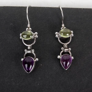 Vintage Pair Sterling Silver 925 Earrings 2 Stones Violet & Green Dangle Wire - Picture 1 of 10