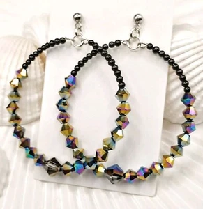Glass Fire Polished Black Gold Silver Hoop Earrings Studs Large Statement Party - Picture 1 of 16