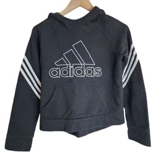Adidas Hoodie Kid's 16 Fleece Pullover Hooded Long Sleeve Black Stripe - Picture 1 of 4